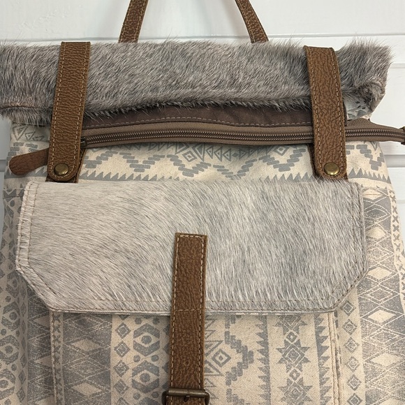 Myra Bag Brown and Cream Patterned Backpack with Leather Accents - Picture 2 of 6